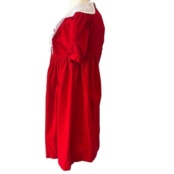 Vintage Girls Red Velvet + White Lace Embroidered Dress - Picture 4 of 6